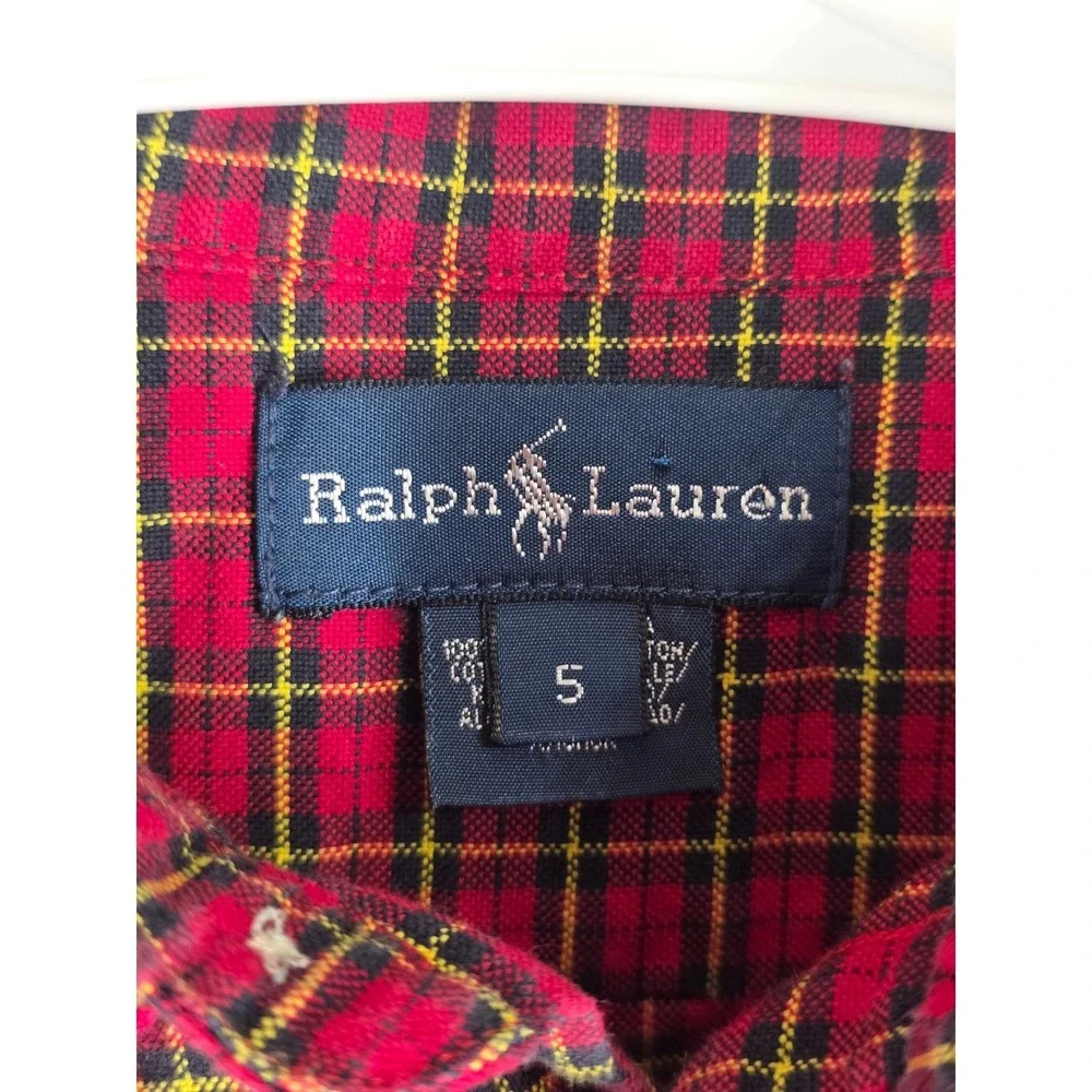 Polo Ralph Lauren Boys Size 5 Red Black Tartan Plaid Button Down Shirt Cotton